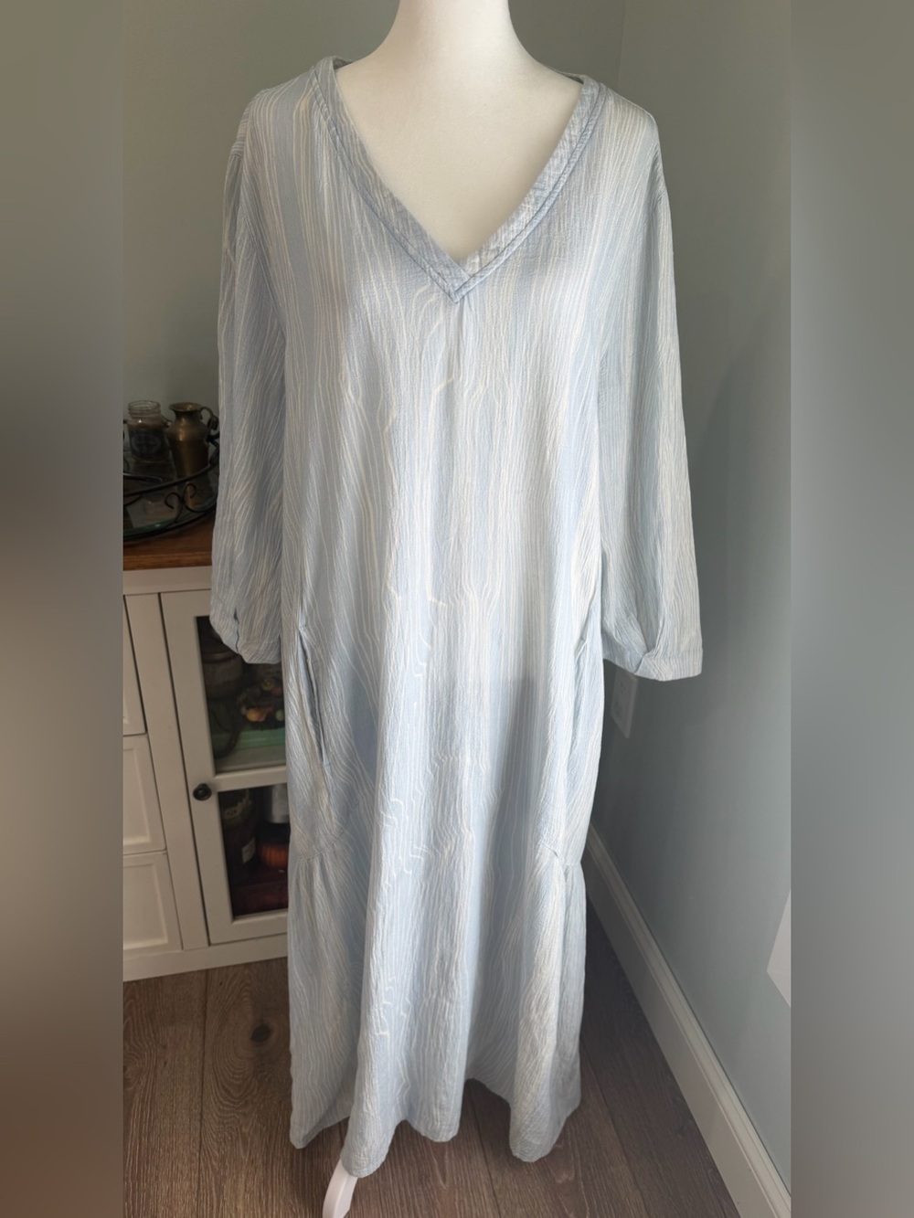 Poetry Light Blue Linen Crinkle Cotton Popover Shirt Dress Womens US18 UK22